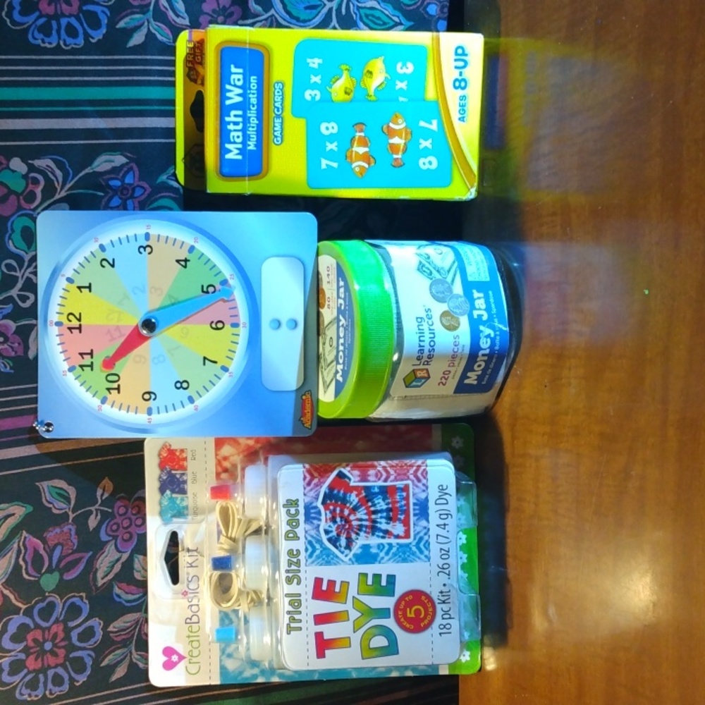Tie Dye Kit, Erasable Marker Clock Tablet, Multiplication Cards & Money Jar